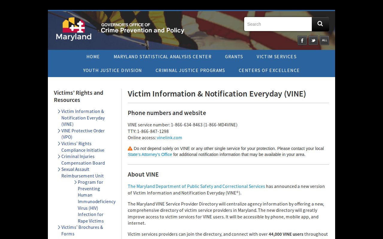 Official Maryland VINE fallback for Queen Anne's County 24-hour releases