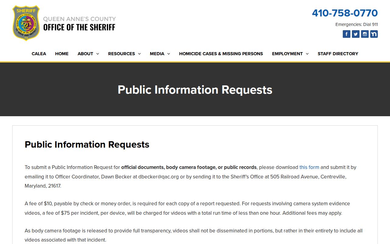 Queen Anne's County 72-hour release records request routing