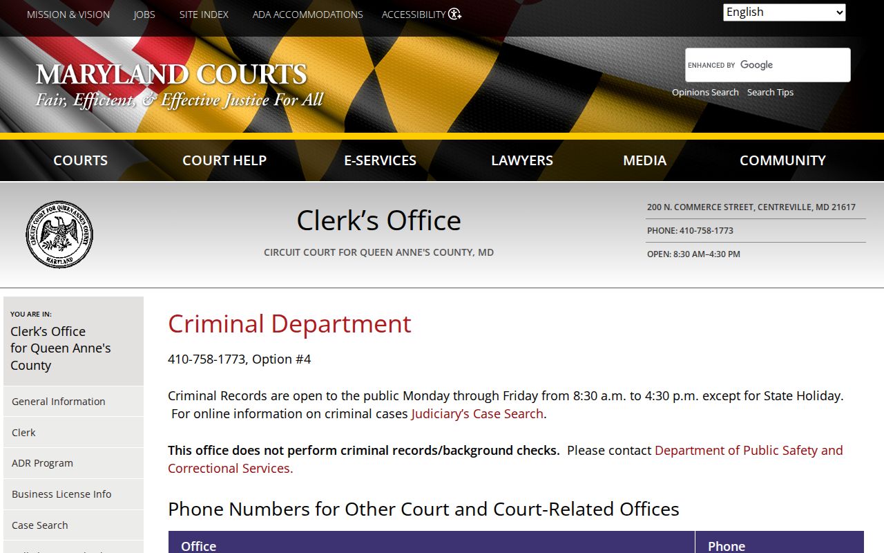 Queen Anne's County released inmate criminal court routing page